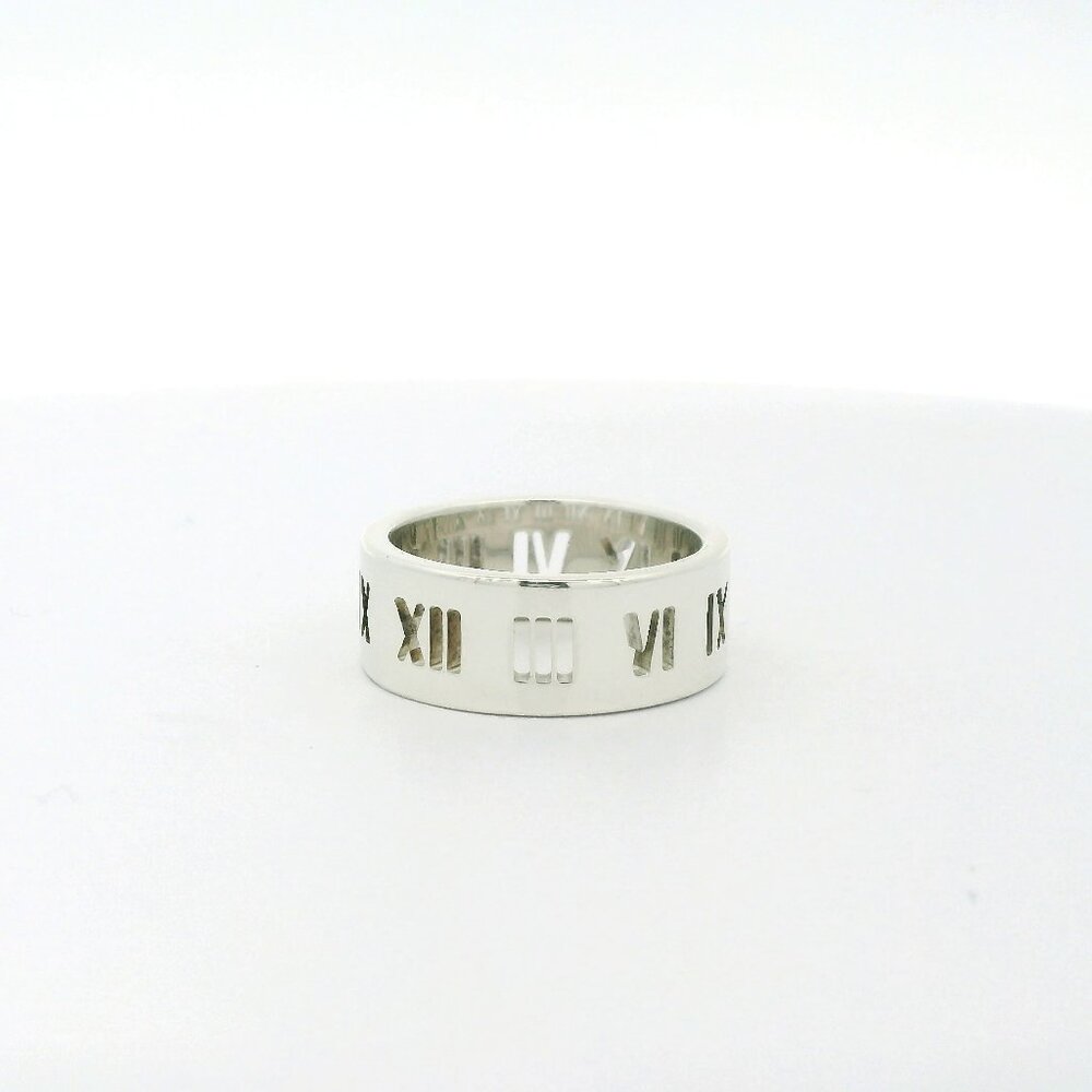 Tiffany & Co Sterling Silver Atlas Roman Numeral Cut Out Band Ring - Size 7.5